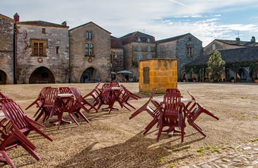 The village of Monpazier, in the Dordogne-P&eacute;rigord region, France. Medieval village with arcades and typical square