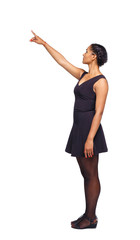 Side view of a black African-American woman in a brown dress poi