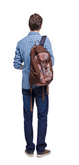 Back view of a student . The guy with the backpack and textbooks