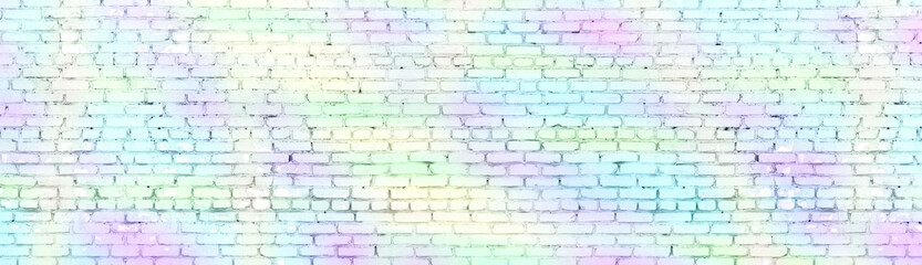 Painted shabby brick wall wide panoramic texture. Old brickwork panorama pastel colors. Long light background