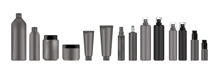 Realistic cosmetic set, black and grey spray with bottle black cap for cosmetic. Package design cosmetic products.  Vector illustration.