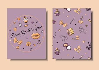Set of hand drawn templates fashion cards with girls things, romantic objects and phrases. Postcards with women's clothing, jewelry, cosmetics and gifts. Actual vector drawing of lovely things.