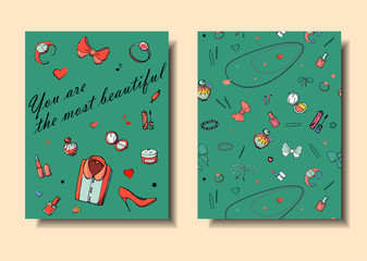 Set of hand drawn templates fashion cards with girls things, romantic objects and phrases. Postcards with women's clothing, jewelry, cosmetics and gifts. Actual vector drawing of lovely things.