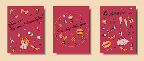 Set of hand drawn templates fashion cards with girls things, romantic objects and phrases. Postcards with women's clothing, jewelry, cosmetics and gifts. Actual vector drawing of lovely things.