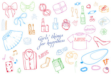 Set of Hand drawn Templates Fashion illustration with Girls Stuff. Set of women's clothing, jewelry, cosmetics, gifts and romance. Actual vector drawing of lovely things. Interests of a young  girl.