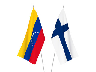 National fabric flags of Finland and Venezuela isolated on white background. 3d rendering illustration.