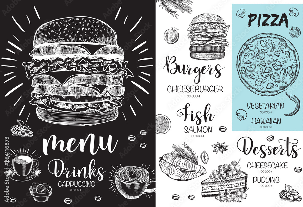 Wall mural Restaurant cafe menu, template design. Food flyer.