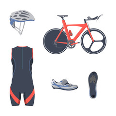 Triathlon set. Vector bicycle equipment and clothes.