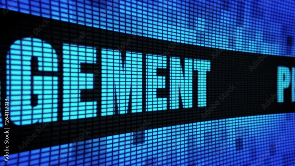 Poster people management side text scrolling on light blue digital led display board pixel light screen loo