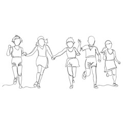 children run holding hands. group of children. one continuous line
