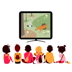children sit back. children watch TV. vector image of children of different races