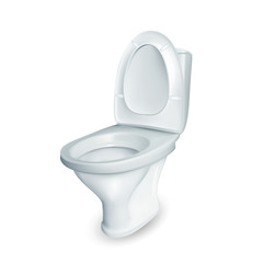 Realistic Restroom Ceramic Toilet Bowl Vector. Household Ceramic Lavatory And General Mockup With Opened Raised Plastic Seat. Element Of Sanitary Cabinet Side View Image 3d Illustration