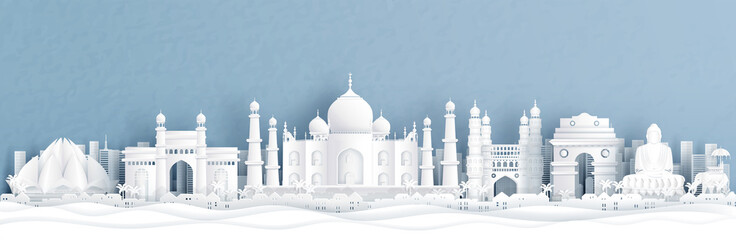 Panorama view of India with Taj Mahal and skyline with world famous landmarks in paper cut style vector illustration