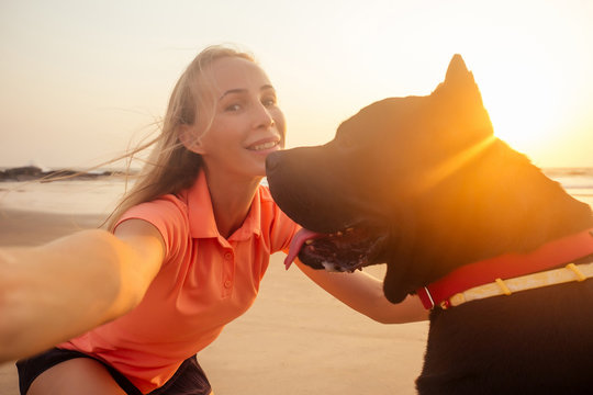 girl taking pictures photos of yourself on phone camera with their big dog Cane Corso black on indian ocean sea beach goa at sunset