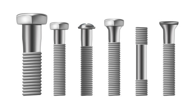 Realistic Types Of Steel Brass Bolt Set Vector. Assortment Of Different Metallic Bolt, Screw And Rivet. Iron Construction Elements. Side View Isolated Detail Image. 3d Illustration