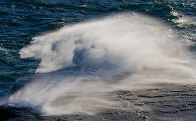 The coastline on the Peninsula Valdes. Waves crashing against the rocks. Argentina. South America