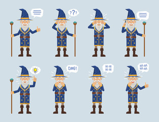Set of old magician characters posing in different situations. Cheerful wizard talking on phone, thinking, crying, laughing, surprised, showing thumb up gesture. Flat vector illustration