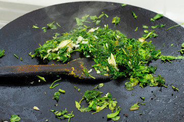 Close up of fried vegetable in the pan, Maharashtra, India.