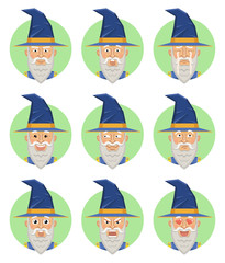 Set of wizard emoticons. Magician avatars showing different emotions. Happy, smile, sad, cry, angry, love, surprised, upset, laugh and other facial expressions. Flat style vector illustration