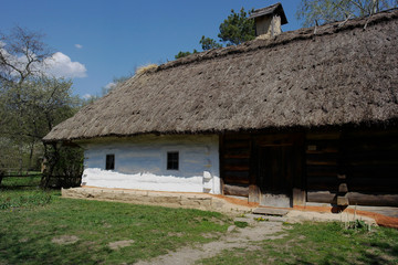  Old ukrainian house.Ukrainian hut of the nineteenth century. Spring landscape, blooming trees.Pirogovo village.