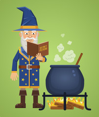 Illustration of a medieval wizard reading a book and making a potion. Fantasy magician, warlock, sorcerer. Flat style vector illustration