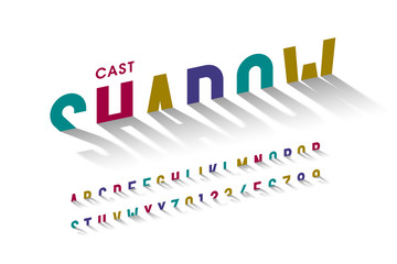 Cast shadow font, alphabet letters and numbers
