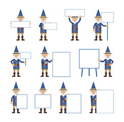 Big set of wizard characters posing with different blank banners. Cheerful magician holding paper, poster, placard, pointing to whiteboard. Teach, advertise, promote. Simple vector illustration