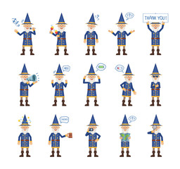 Big set of wizard characters showing different actions, emotions, gestures. Cheerful magician singing, dancing, holding banner, loudspeaker, map and doing other actions. Simple vector illustration
