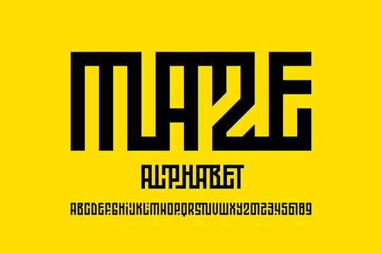 Maze style font design, labyrinth alphabet, letters and numbers