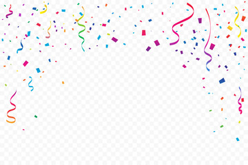 Many Falling Colorful Tiny Confetti And Ribbon On Transparent Background. Celebration Event and Party. Multicolored. Vector - obrazy, fototapety, plakaty