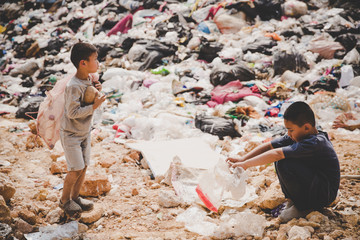 Poor children collect garbage for sale,, the concept of pollution and the environment,Recycling old...