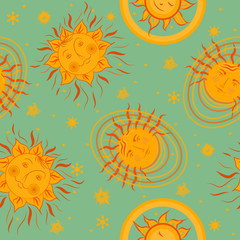 Seamless pattern with fabulous positive suns. Summer print for the beach, bags, swimsuits. Drawing for summer beach vacation. Vector.