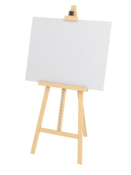 Empty easel with empty whiteboard (magnetic board) isolated on white. Mockup template - 3D rendering	