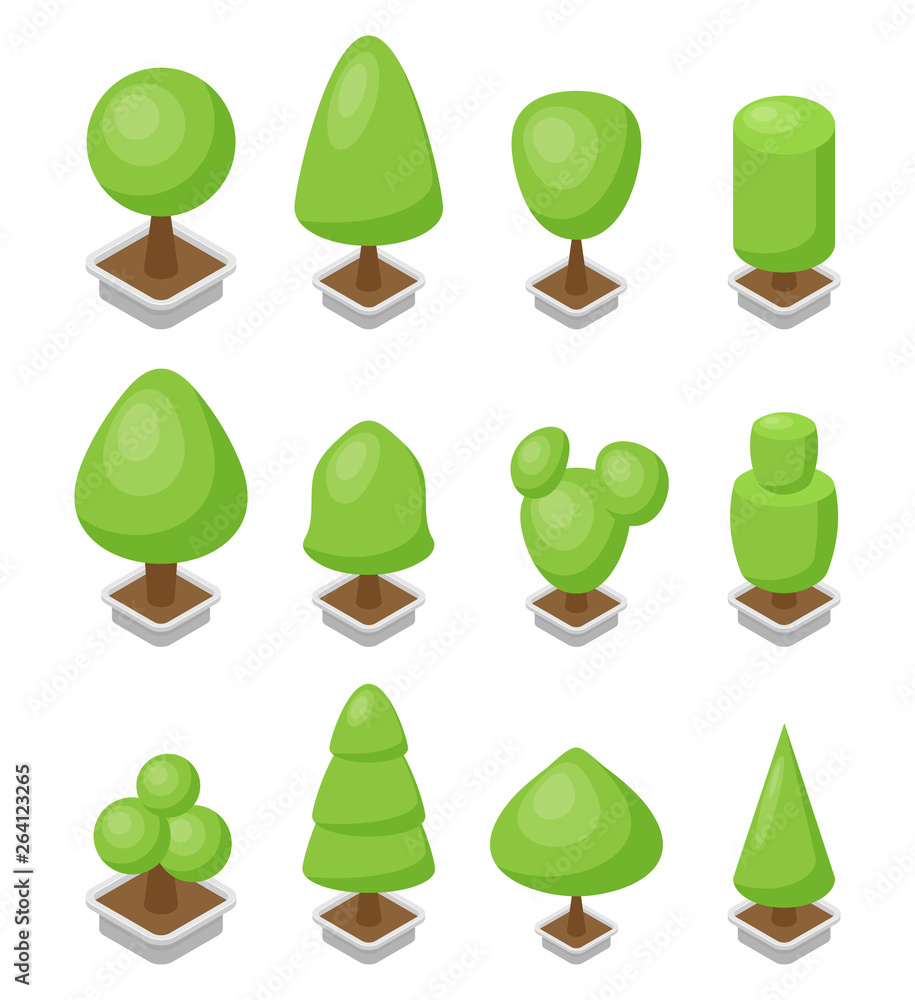 Poster trees set. 3d isometric vector