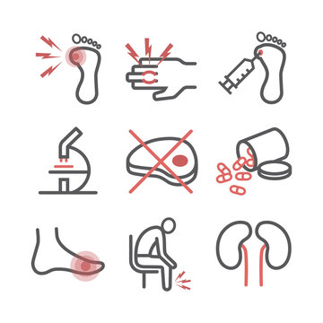 Gout line icons. Symptoms, Treatment. Vector signs for web graphics.