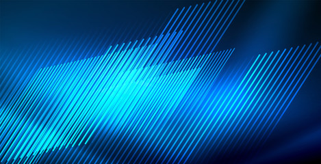 Neon glowing techno lines, blue hi-tech futuristic abstract background template with lights