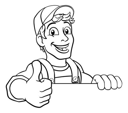 A handyman cartoon character caretaker construction man peeking over a sign and giving a thumbs up