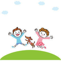ジャンプする仲良しの子供