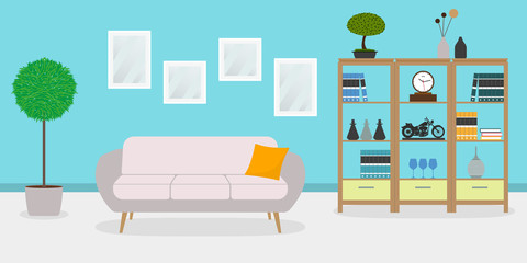 Living room interior with sofa, plant, shelf and pictures on the wall. Apartment, home or house inside with modern furniture. Vector illustration.