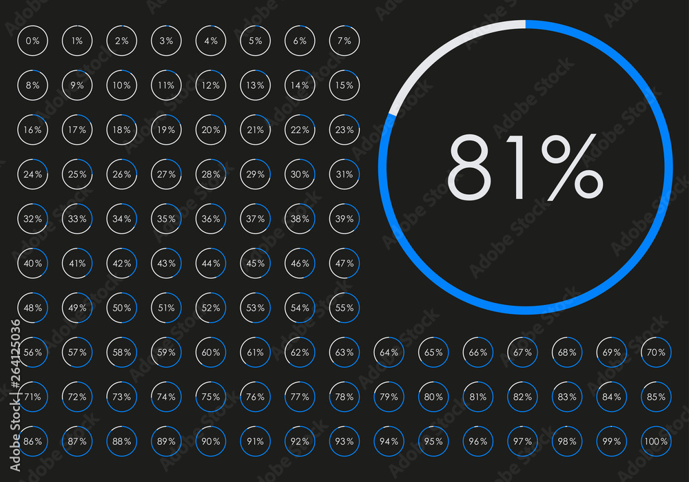 Poster percentage diagram set. progress or loading circle symbols. pie chat from 1 to 100 percent for infog