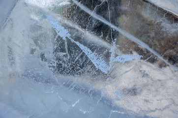 ice structure close-up, frozen water with cracks
