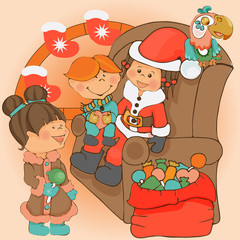 Reader for Kindergarten.Vector illustration for children's book.Children and Santa