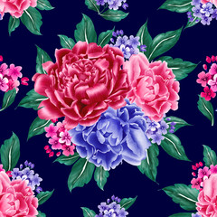 seamless pattern navy blue background peony.