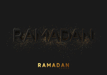 Obraz premium Ramadan Kareem black background with embossment text sprinkled with golden shiny powder of dust and sand.