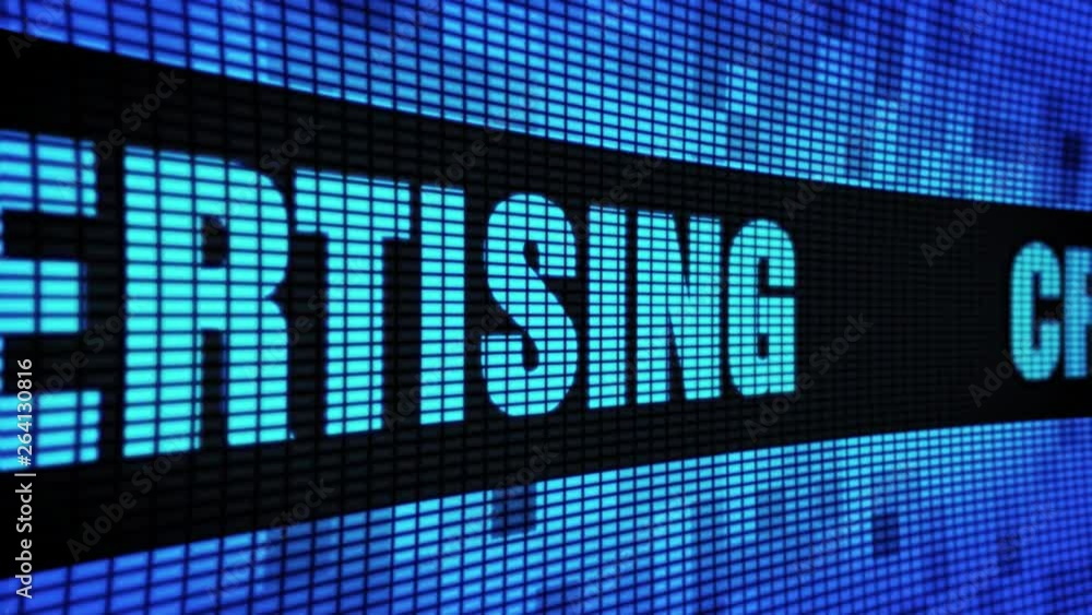 Poster creative advertising side text scrolling on light blue digital led display board pixel light screen 