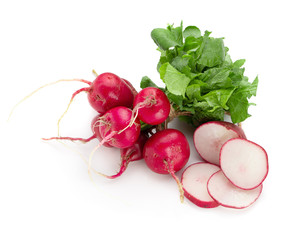 Freshly ripe radishes isolated on white background.