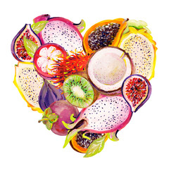 Gouache heart shaped exotic mix fruits. Hand-drawn clipart for art work and weddind design.