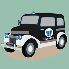 Security guard police retro car. Isometric 3D view of classic vehicle. Vintage model of garage restoration. Graphic art isolated auto