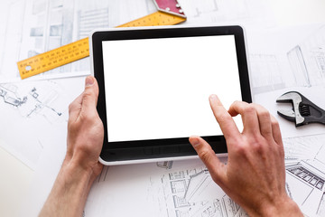 Architect designer Interior creative working hand drawing sketch plan blue print selection material color samples art tools Design Studio