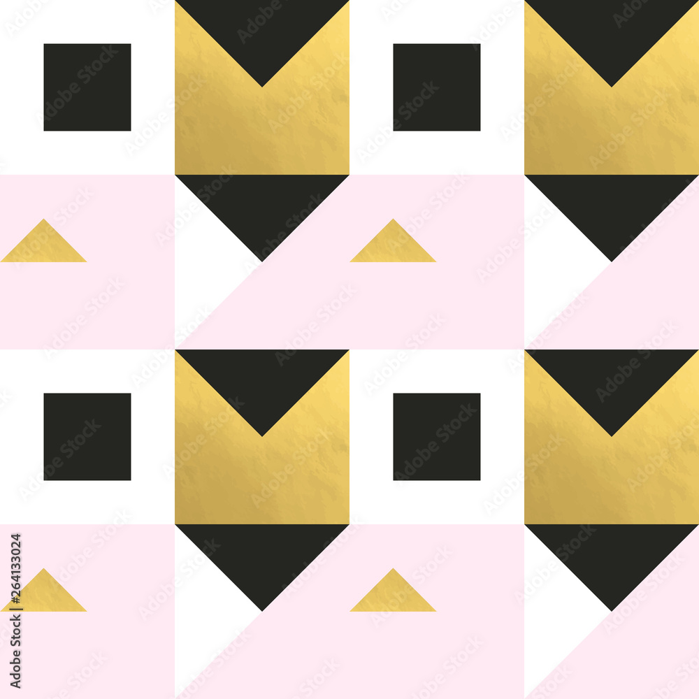 Aufkleber Festive triangle and square geometric shapes background. Abstract mosaic vector seamless pattern in pastel and golden colors. Christmas , new year, carnival, party, celebration wrapping paper concept.